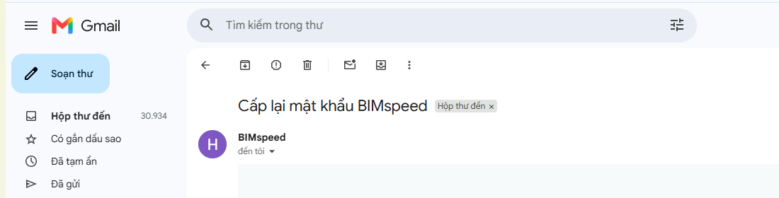 Thư Cấp lại mật khẩu BIMspeed đã nhận trong Gmail, chỉ hiển thị tiêu đề và người gửi