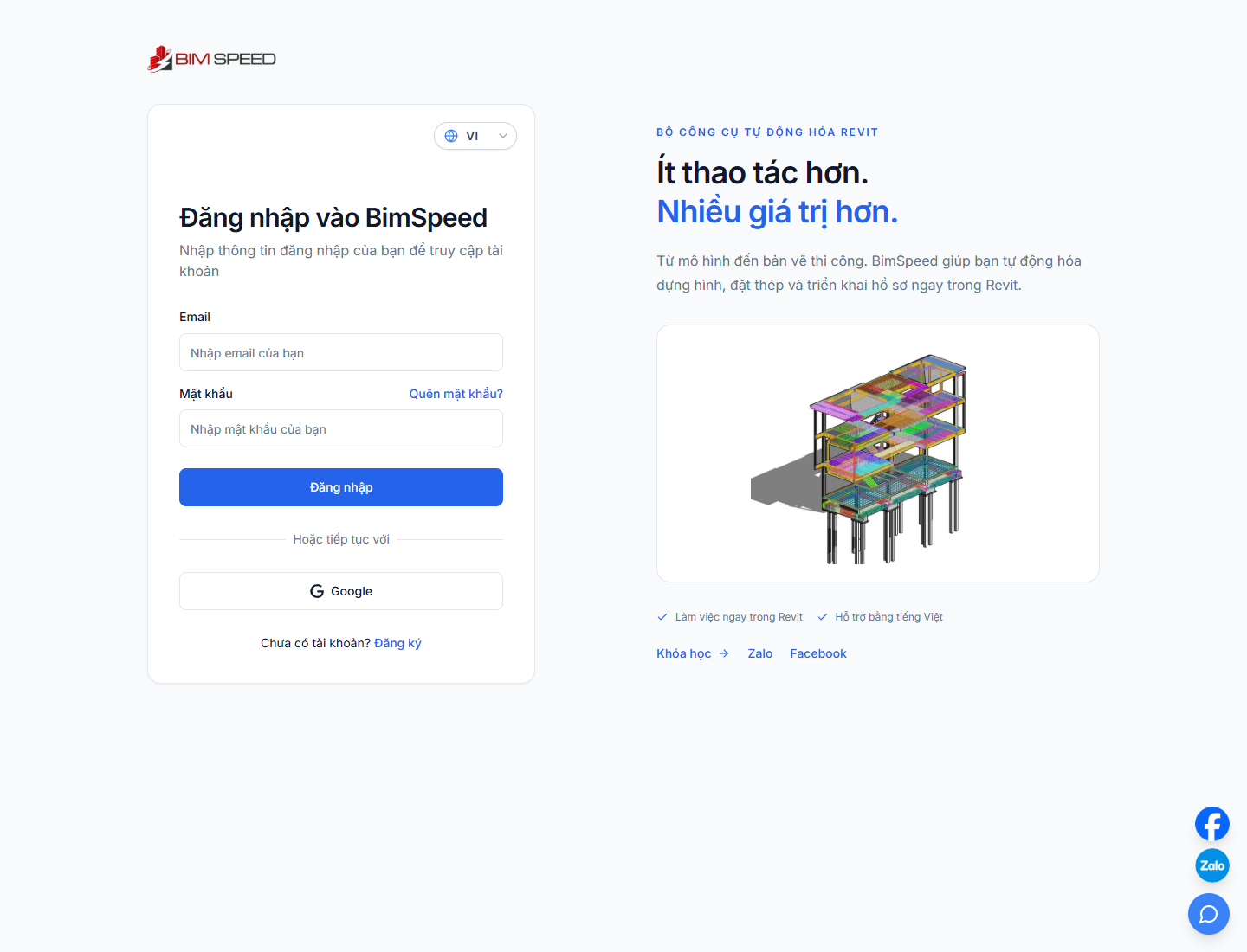 Màn hình đăng nhập BIMSpeed với email, mật khẩu và nút Google
