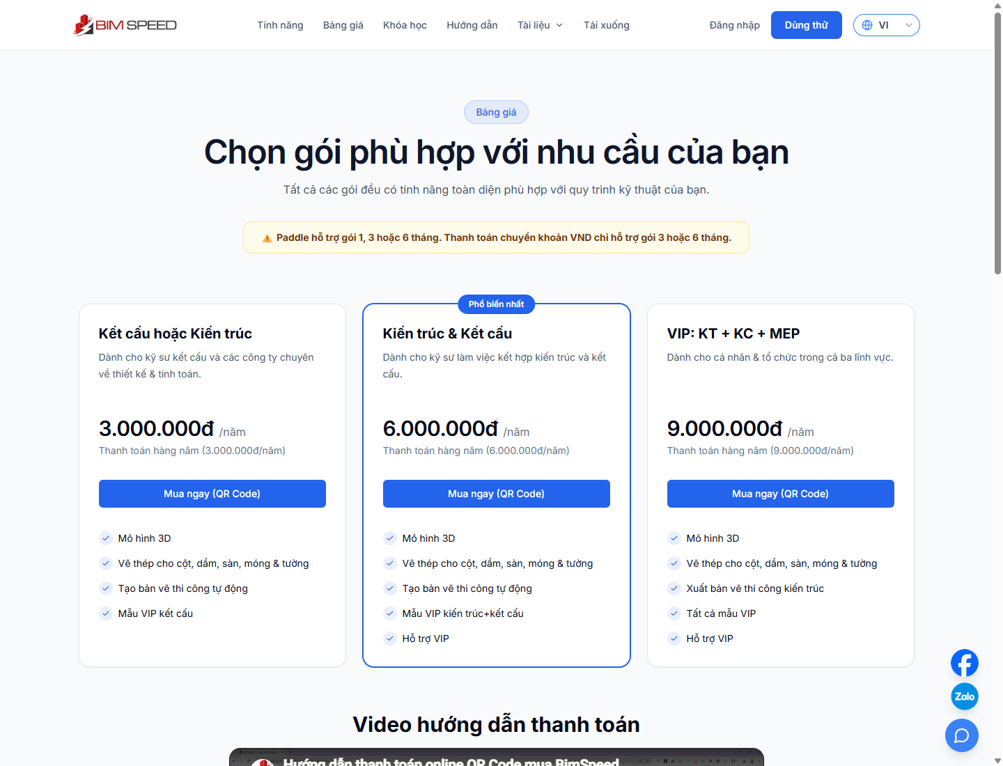 Bảng giá BIMSpeed tiếng Việt và các gói phần mềm