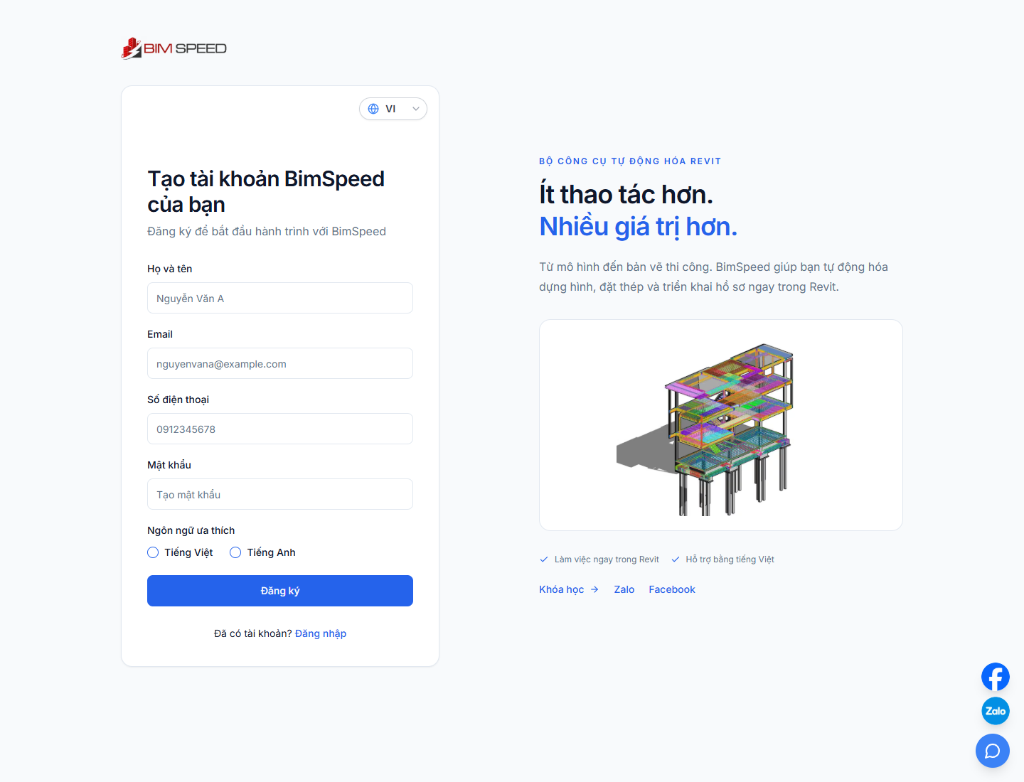 Biểu mẫu đăng ký BIMSpeed: họ tên, email, số điện thoại và mật khẩu