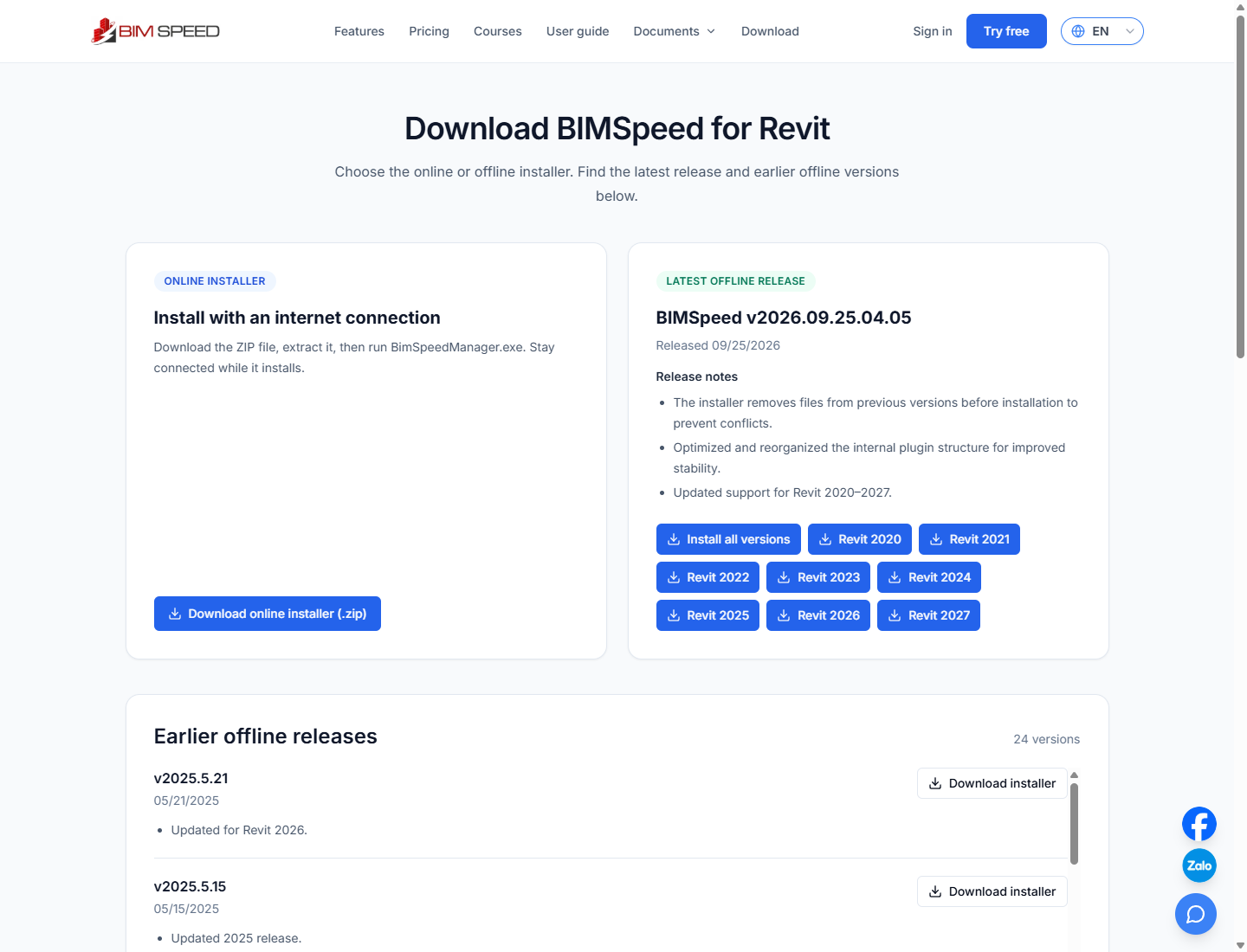 BIMSpeed download page with online ZIP, offline Revit installers and earlier releases