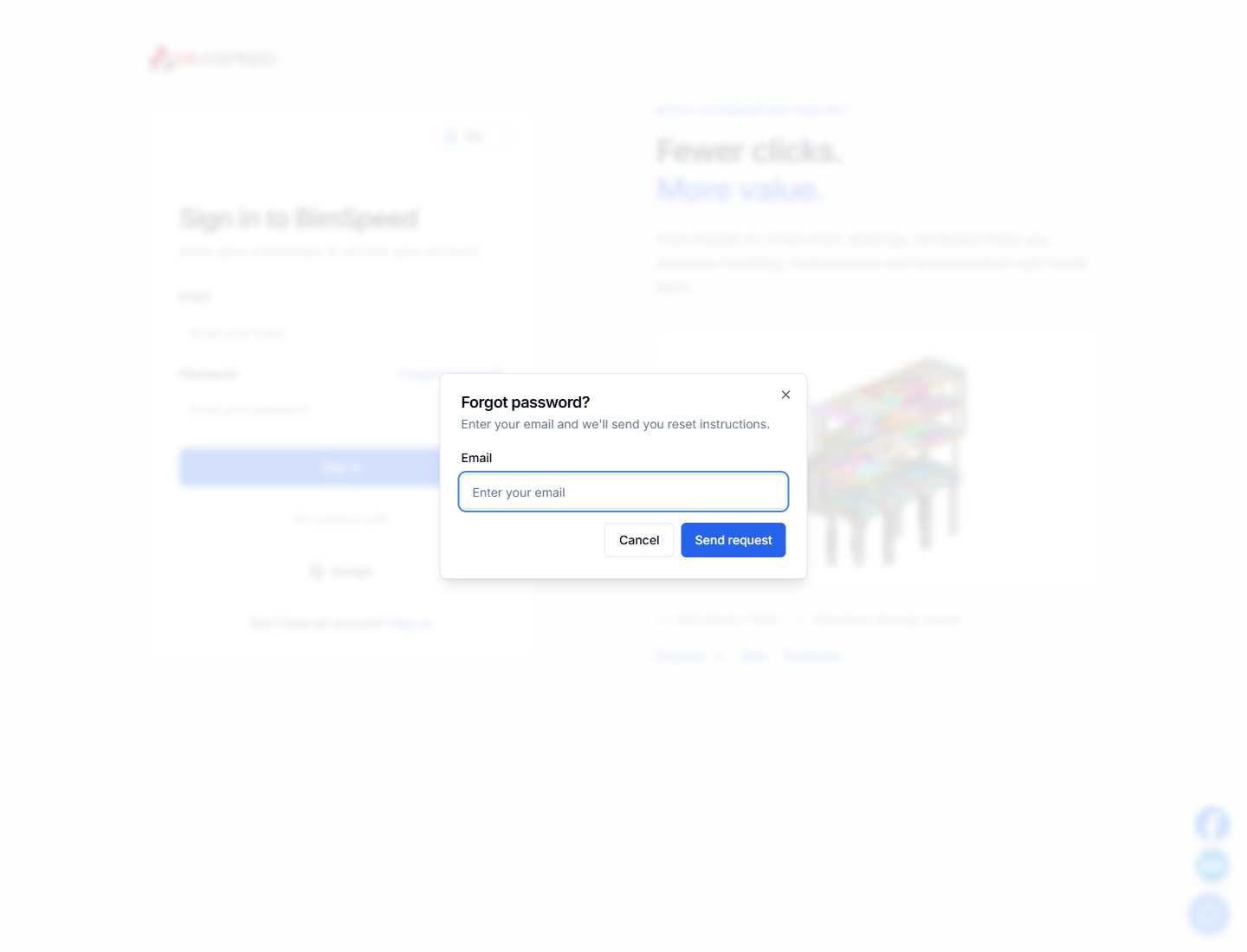 BIMSpeed password recovery dialog with email and Send request
