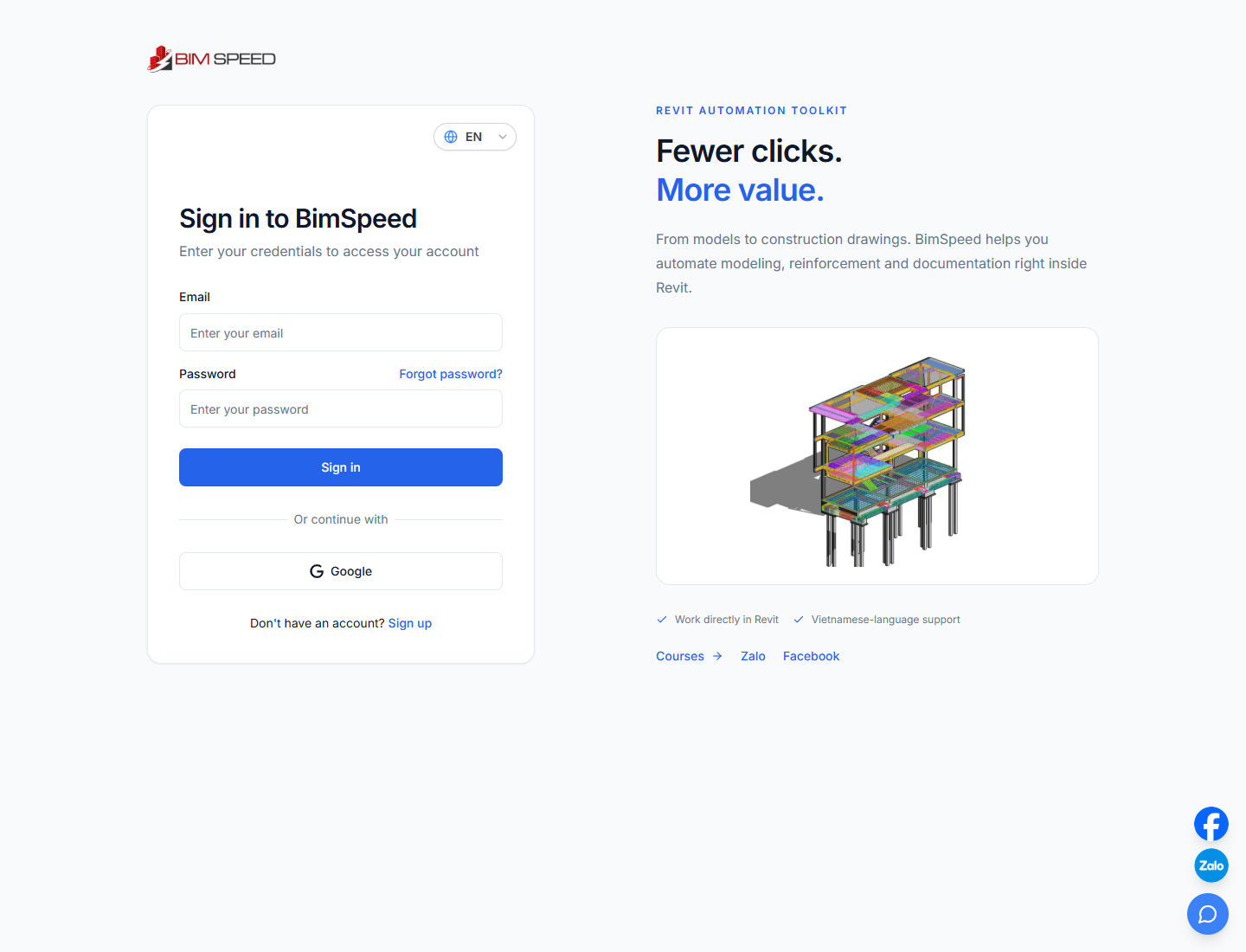 BIMSpeed sign-in page with email, password and Google sign-in