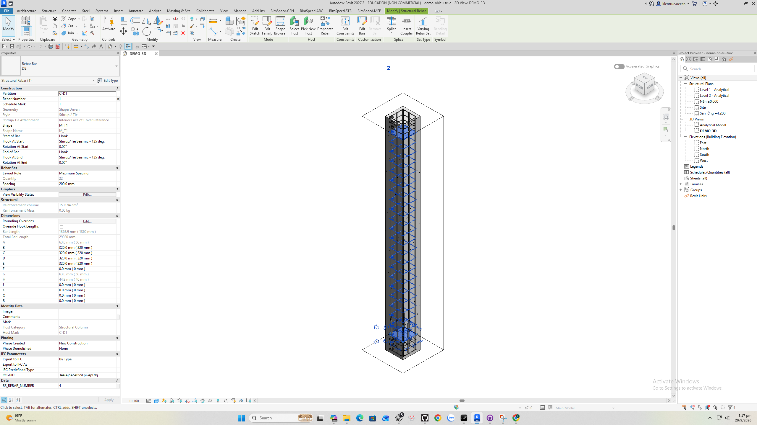 English Revit Properties verifies D8 middle ties: 22 ties at 200 mm maximum spacing