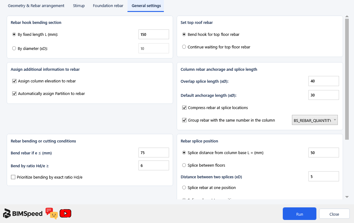 English common settings: hook, top story, anchorage, laps, bending and splice position